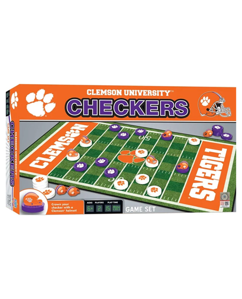 Clemson University Checkers game set box on a plain white background. The packaging features an orange top and bottom with Clemson paw prints and team branding, and a football field board design in the center showing purple, orange, and white pieces.