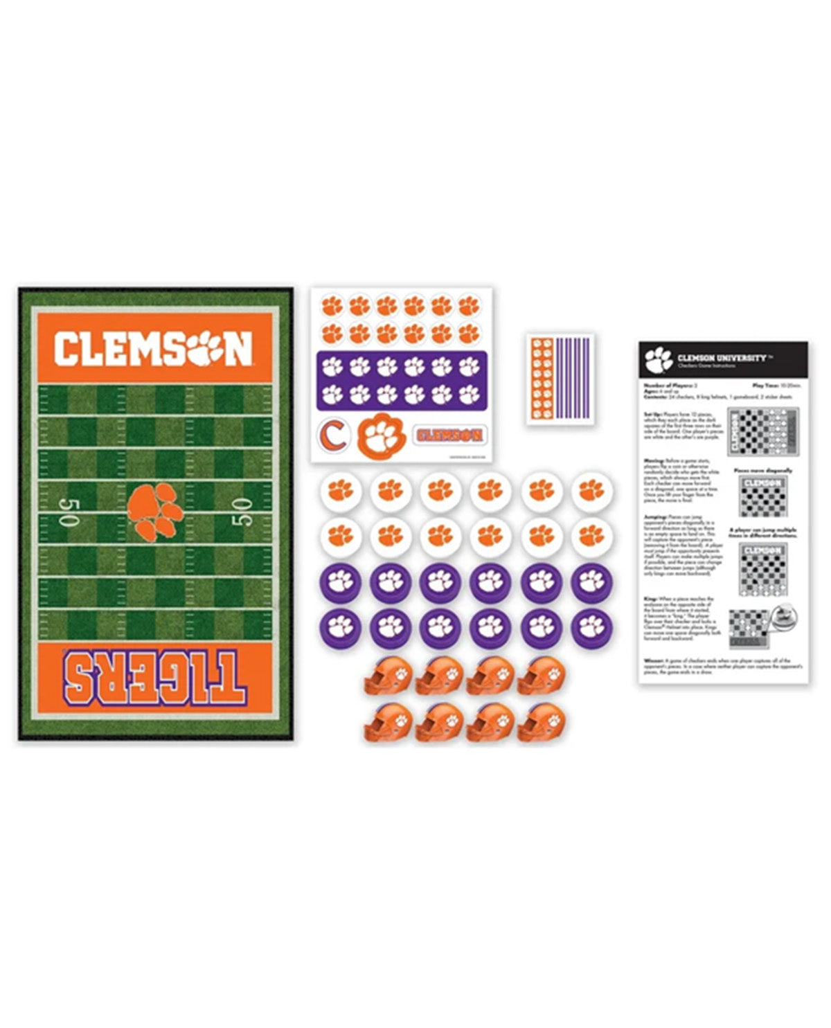 Clemson Tigers themed sticker kit featuring a football field poster, sticker sheets with Clemson paw prints and tiger heads, and an instruction sheet on a white background.
