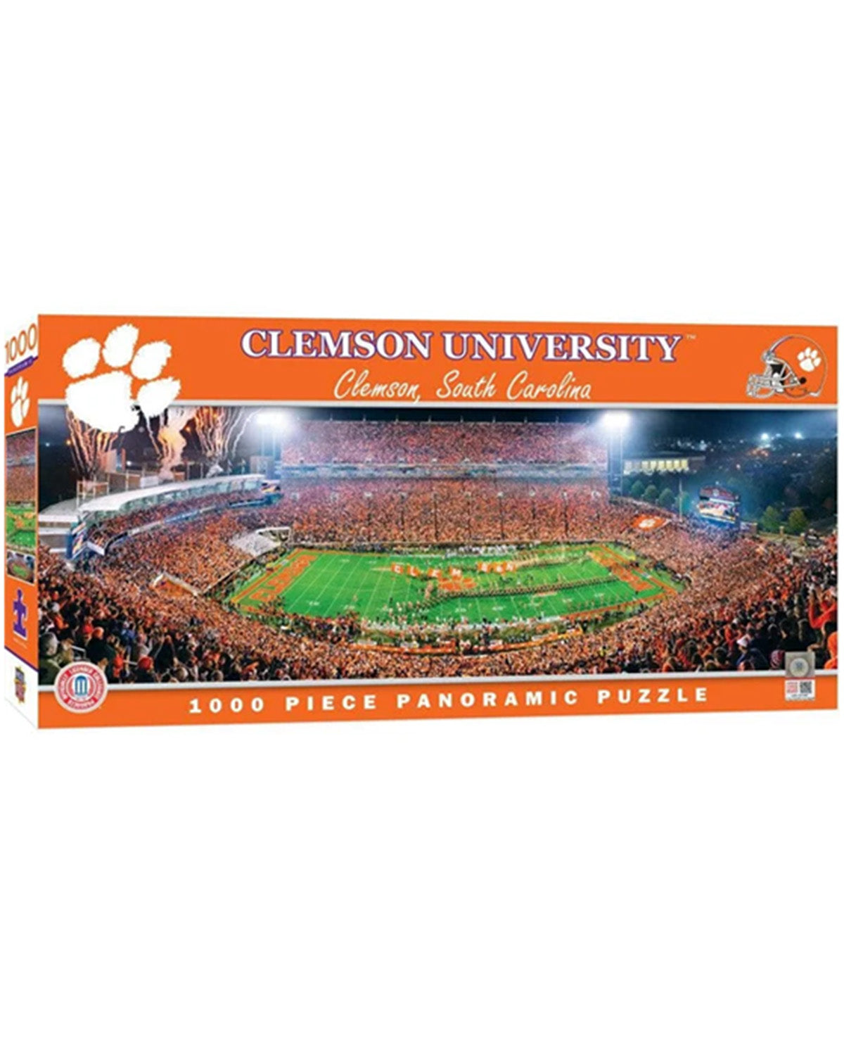 Clemson University 1000-piece panoramic jigsaw puzzle box, featuring an orange design with the Clemson paw print logo and a stadium scene filled with fans.