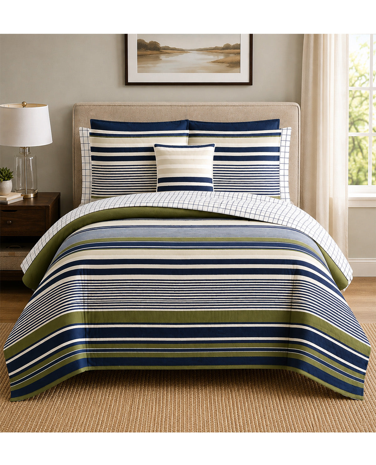 A striped bedding set displayed on a bed in a styled bedroom. The set includes a comforter and matching pillow shams with horizontal stripes in navy blue, forest green, and cream, accented by a small striped accent pillow.