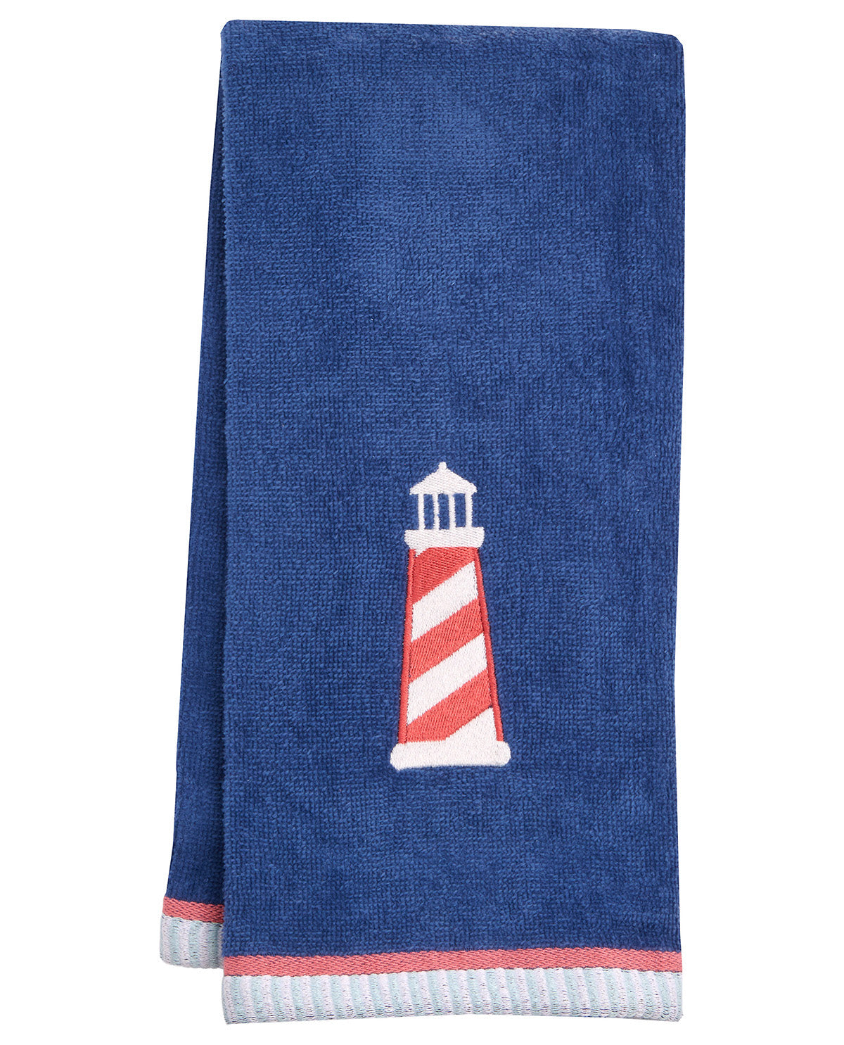 A folded blue towel with a red and white striped lighthouse motif in the center and a striped ribbed hem.