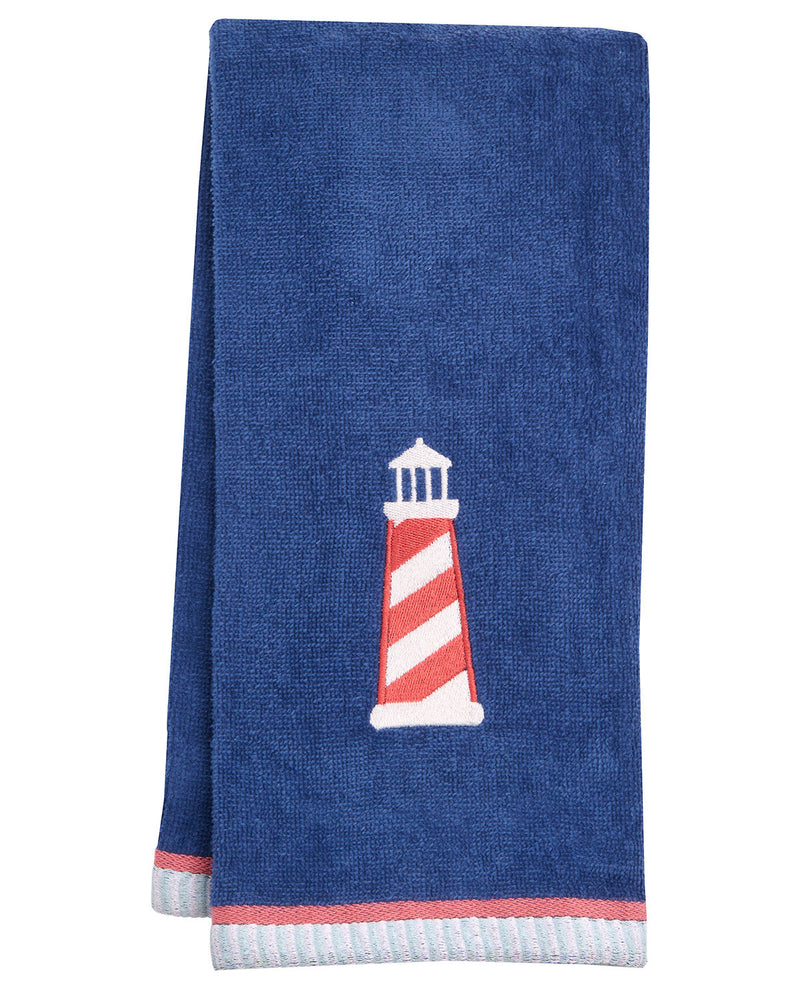 A folded blue towel with a red and white striped lighthouse motif in the center and a striped ribbed hem.