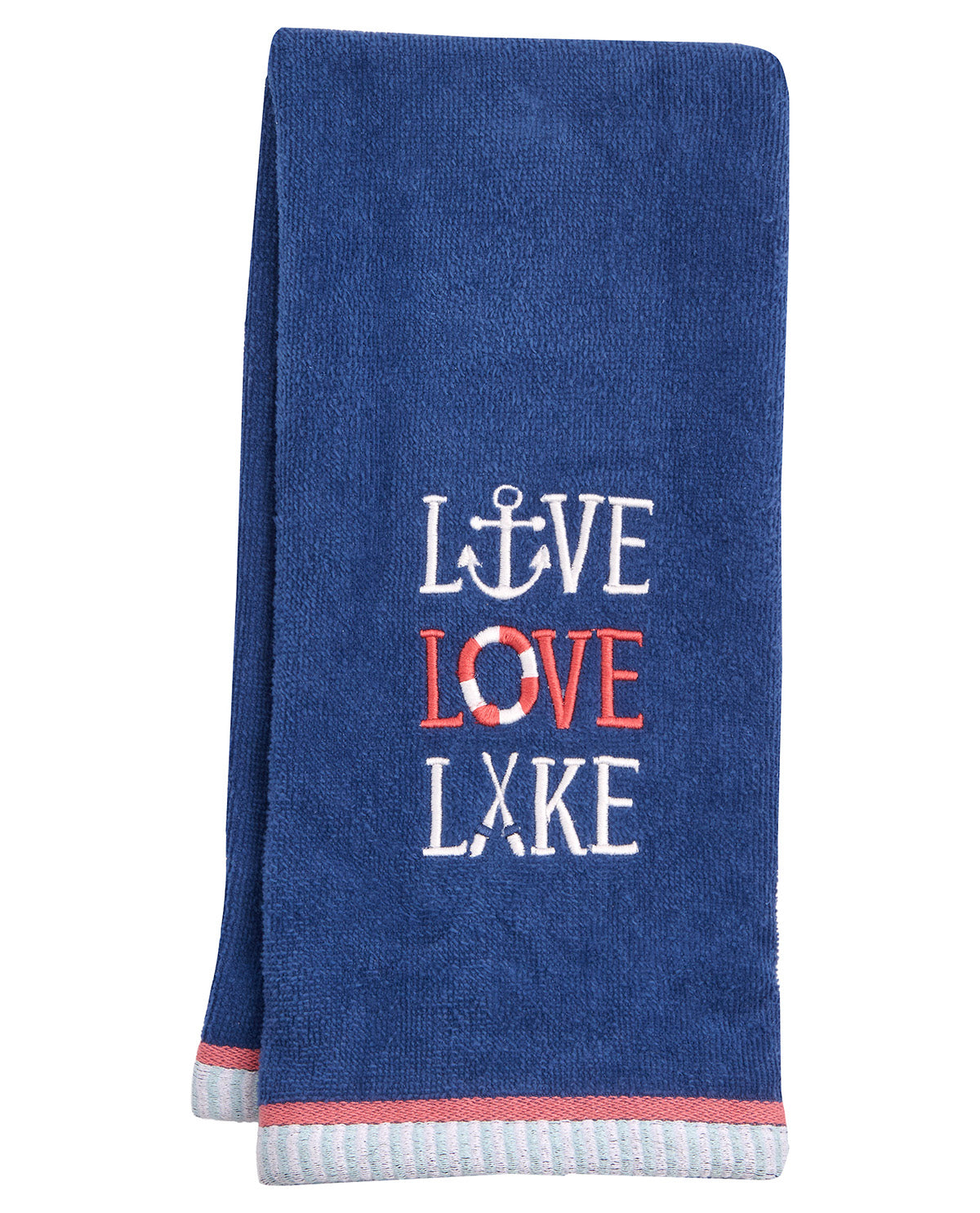 A folded navy blue towel with a white and red embroidered design that reads 'LOVE LOVE LAKE' with a small anchor motif, on a plain white background.