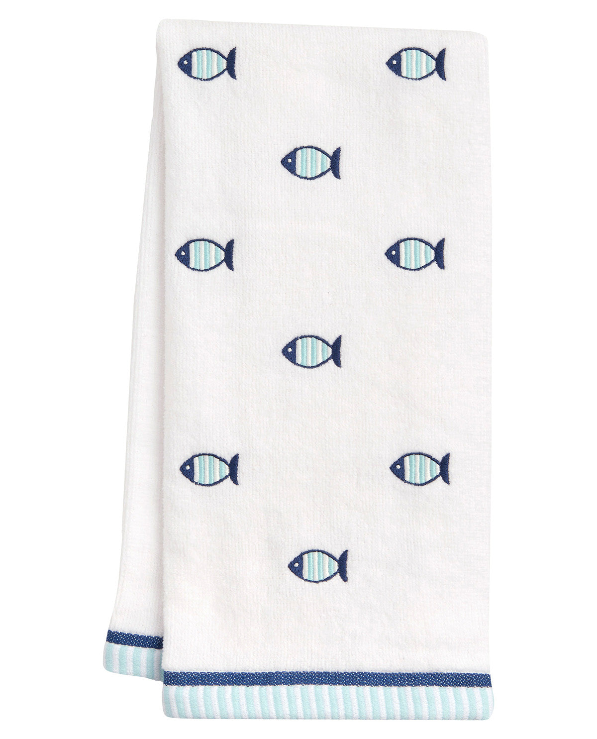 A white kitchen towel featuring a pattern of small blue and light blue striped fish, finished with a navy blue and light blue striped border at the bottom.