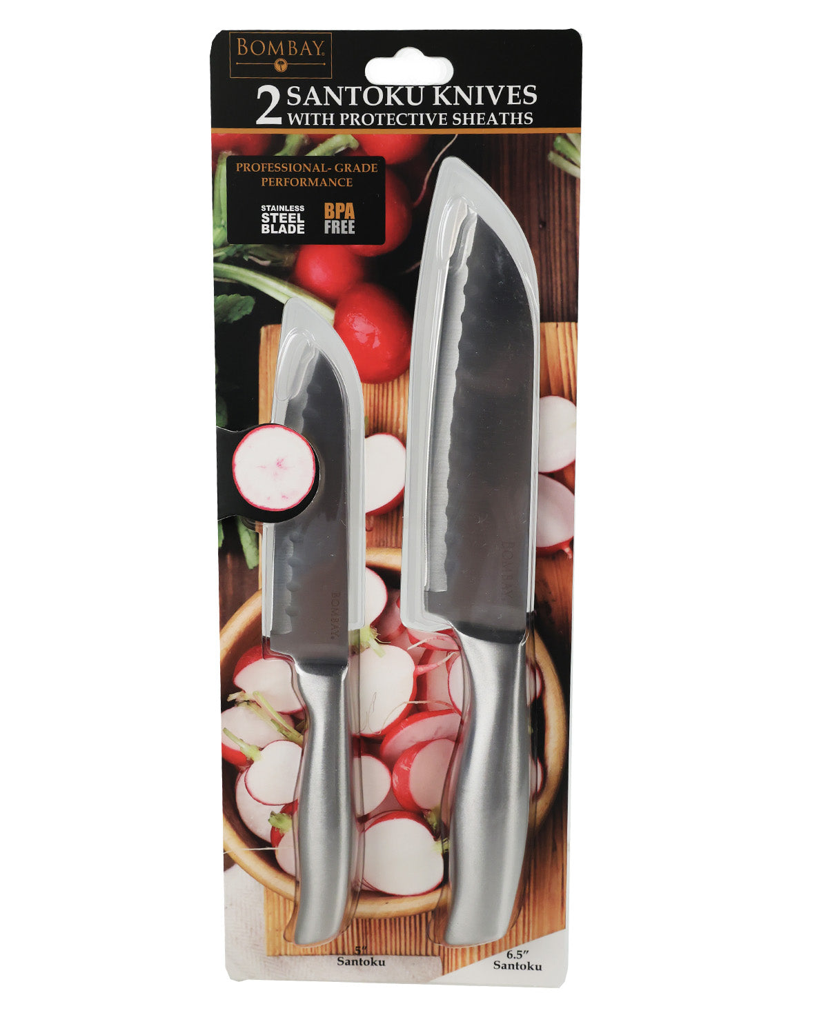Bombay Santoku Knives set of two with protective sheaths in retail packaging, featuring stainless steel knives and silver sheaths with a wooden cutting board and radishes printed on the backing card.