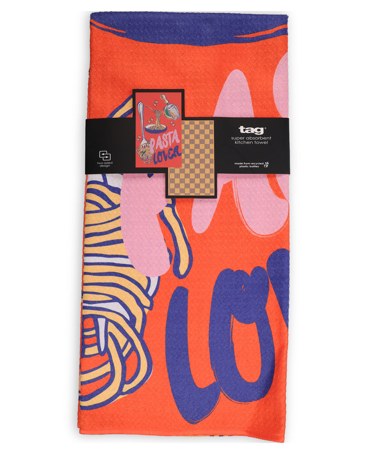 A folded orange kitchen towel with a retro abstract pattern in pink, blue, and yellow, wrapped in a black paper band with a 'tag' brand label.
