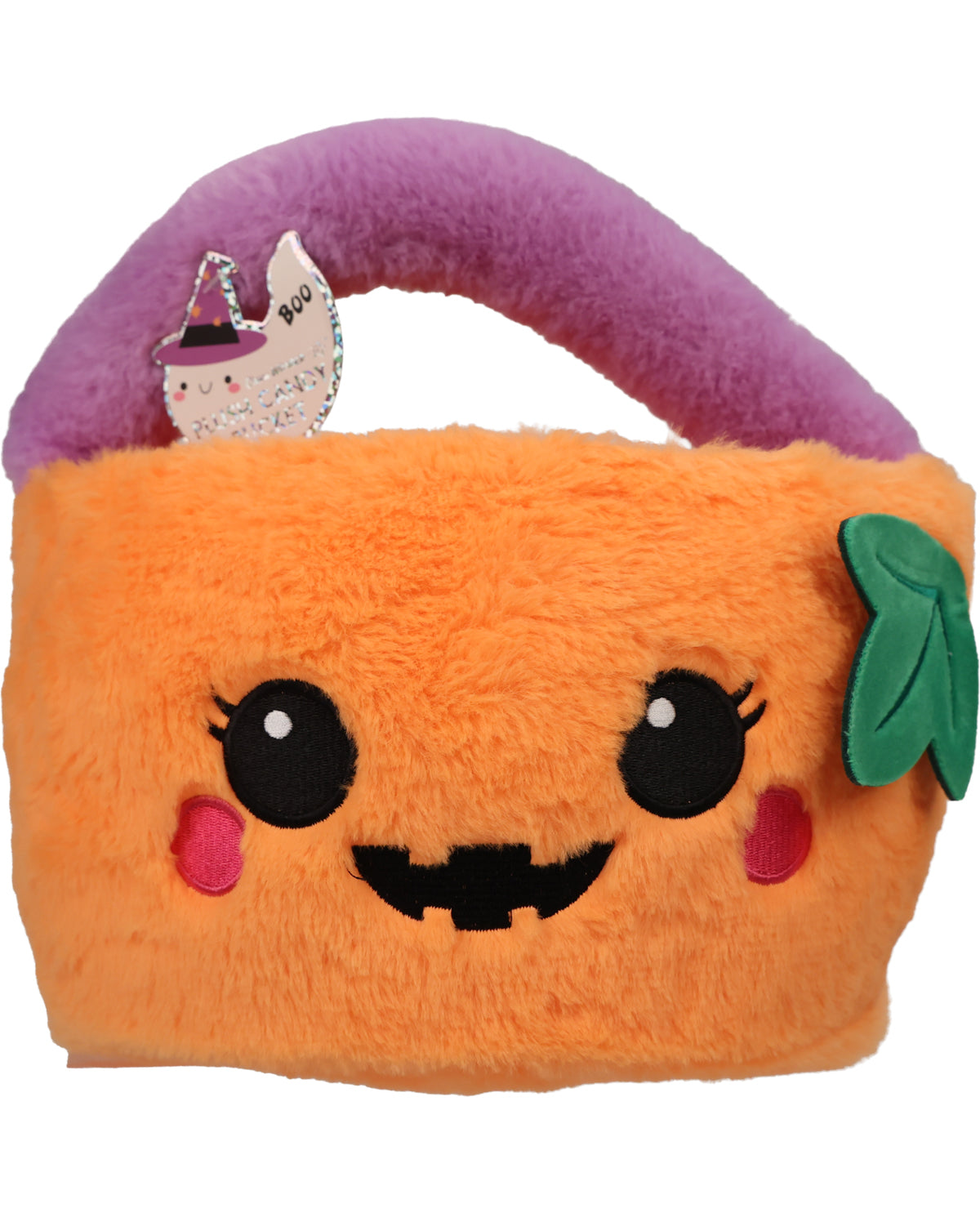 A plush orange pumpkin-shaped handbag with a purple handle, embroidered black eyes and mouth, pink cheeks, and a green leaf accent on the side, shown on a plain white background.