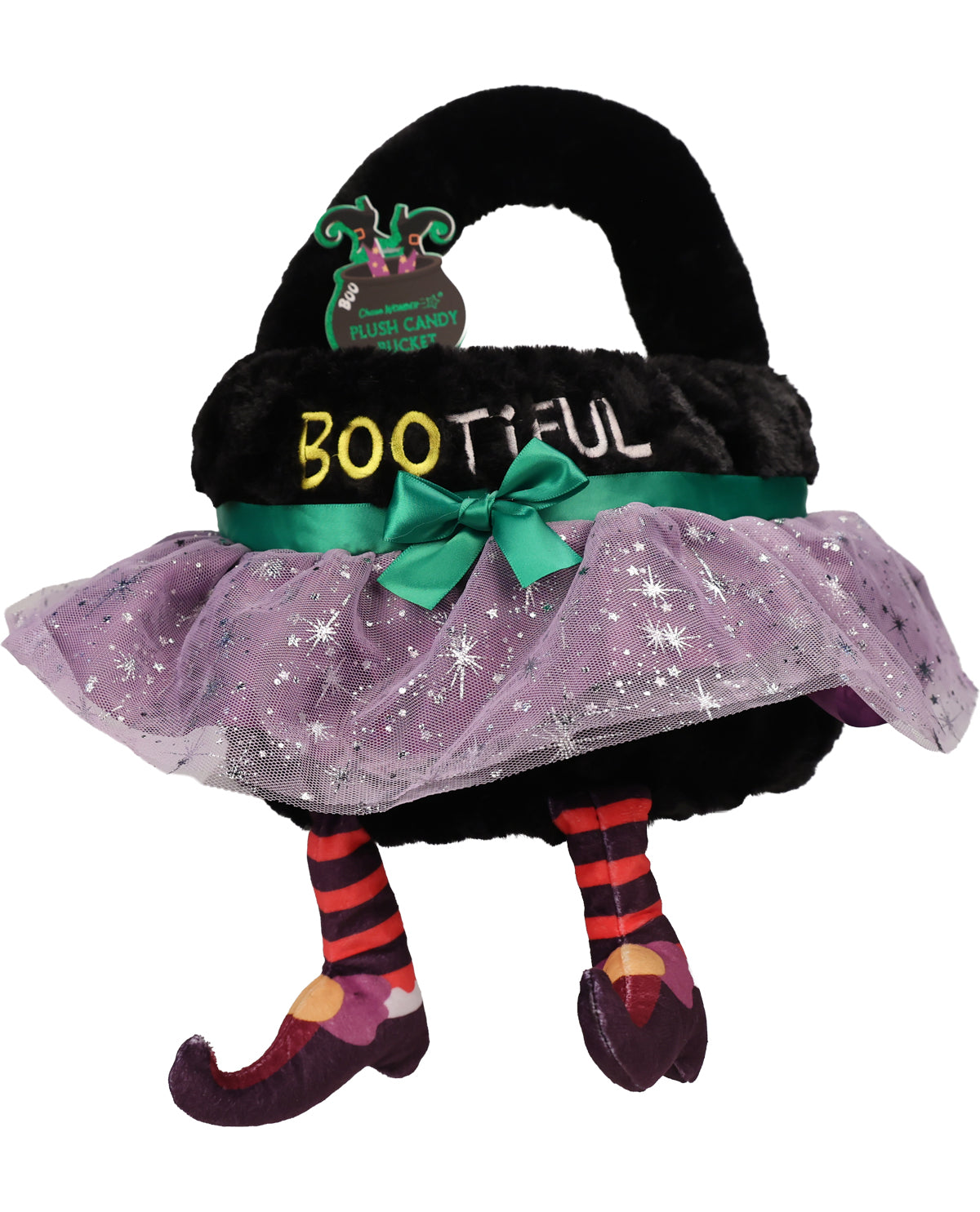A plush witch hat shaped candy caddy bag with a black fuzzy hat, purple tutu skirt with silver star details, green ribbon and bow, striped legs, and the word 'BOOTYFUL' on the front.