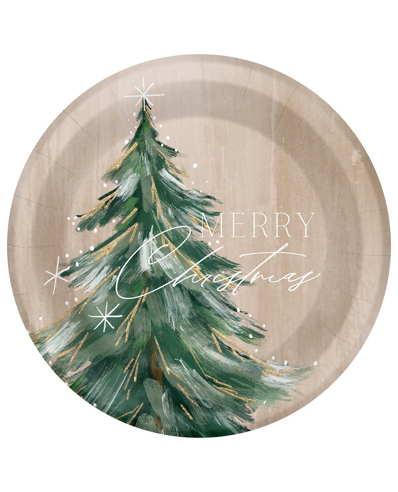 A round paper plate with a festive Christmas design, featuring a green watercolor tree with gold accents, white snowflakes, and the text 'MERRY Christmas' on a light beige wood-grain background.