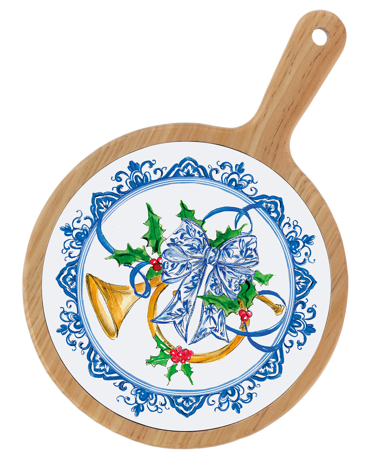 Round wooden serving board with a handle, featuring a printed white center decorated with a blue ornamental border, a large blue bow, holly leaves, green leaves, red berries, and a gold bell.