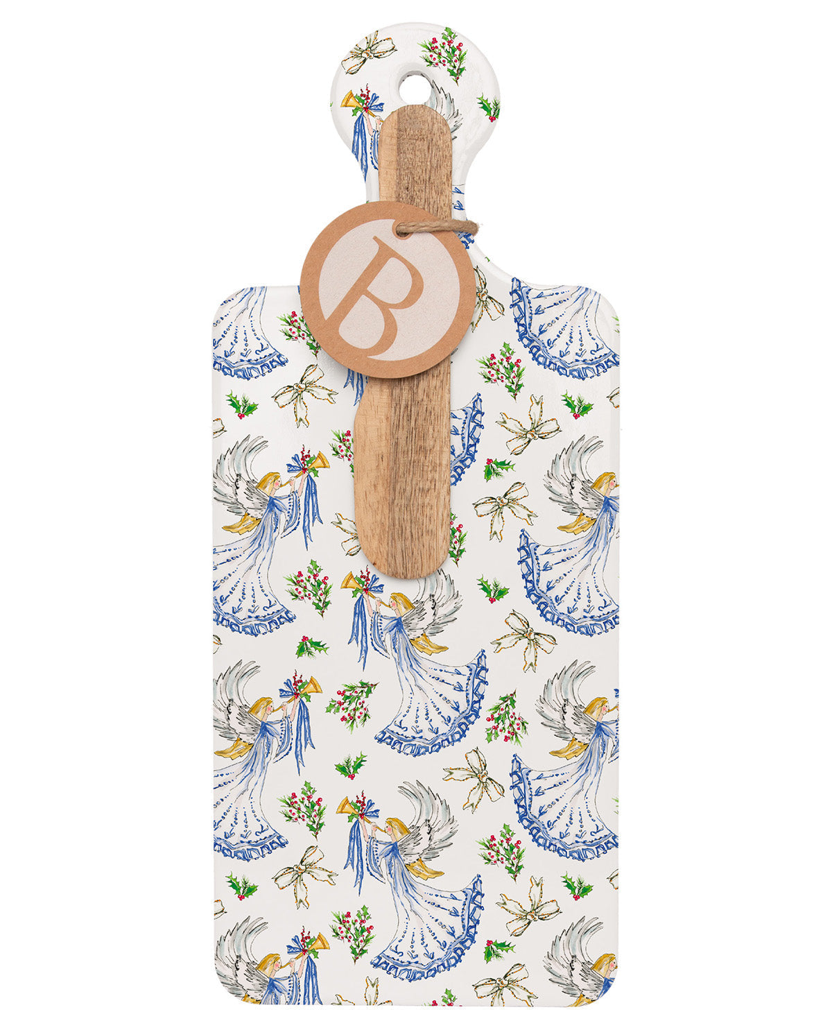 A rectangular wooden serving board or tray with a hanging wooden handle, featuring an all-over toile-style print of blue angels, white doves, and small floral motifs on an off-white background. A round wooden tag with a monogram letter 'B' is attached to the handle.