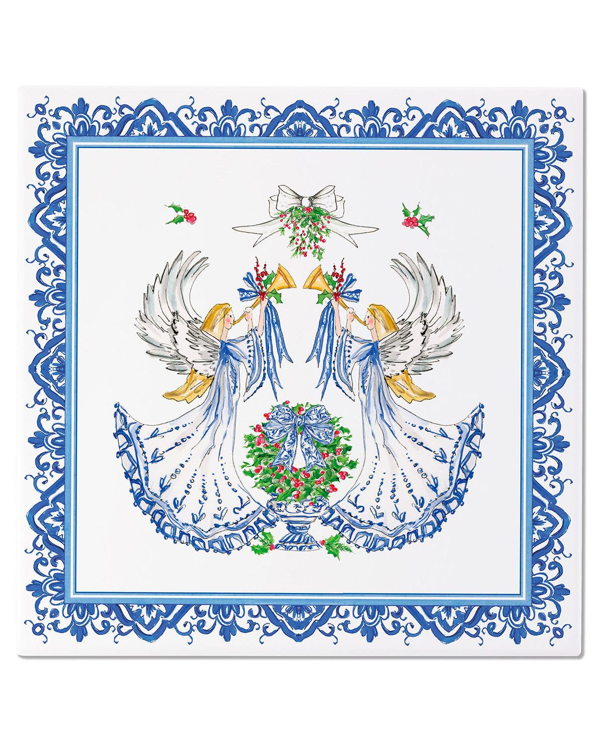 A square decorative tile or print featuring a symmetrical illustration of two angels with outstretched wings, a blue ornate border, and a central wreath with red berries on a white background.