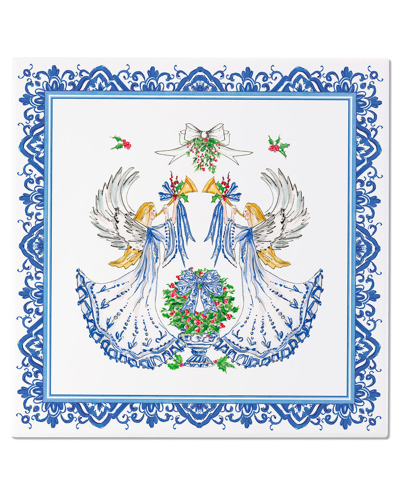 A square decorative tile or print featuring a symmetrical illustration of two angels with outstretched wings, a blue ornate border, and a central wreath with red berries on a white background.