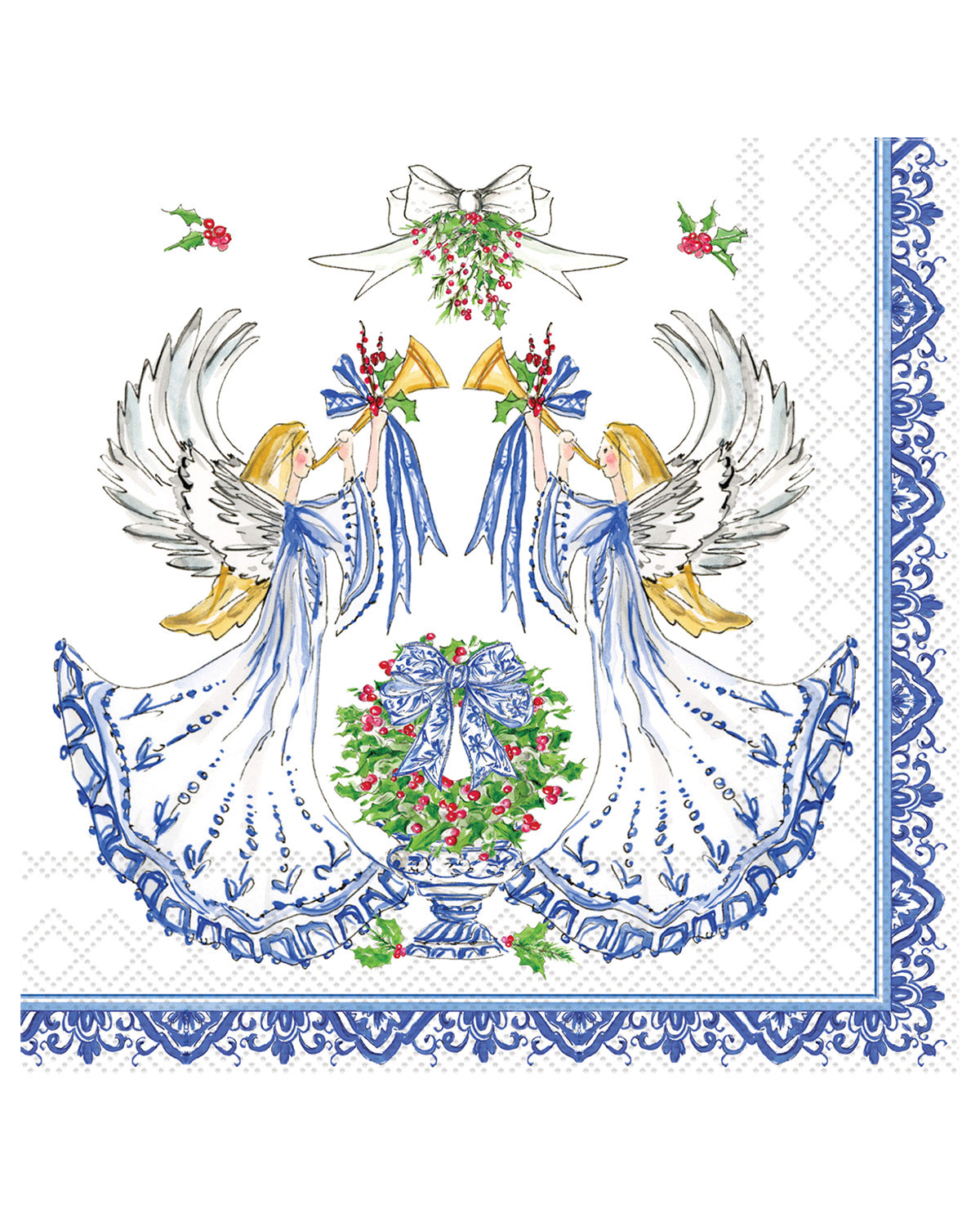 A square decorative print or napkin featuring two angel figures in flowing blue and white garments, surrounded by a blue ornamental border, a wreath with red berries, mistletoe, and small holly motifs on a white background.