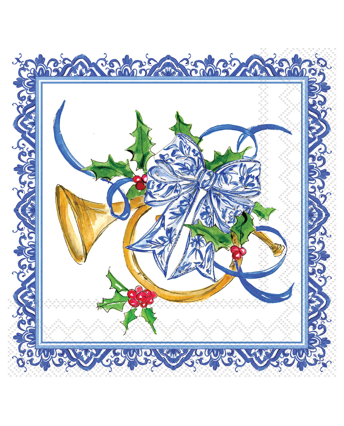 A square decorative print or card design featuring a blue ornamental border, a gold trumpet, a large blue-and-white bow, green holly leaves, and red berries on a white background.