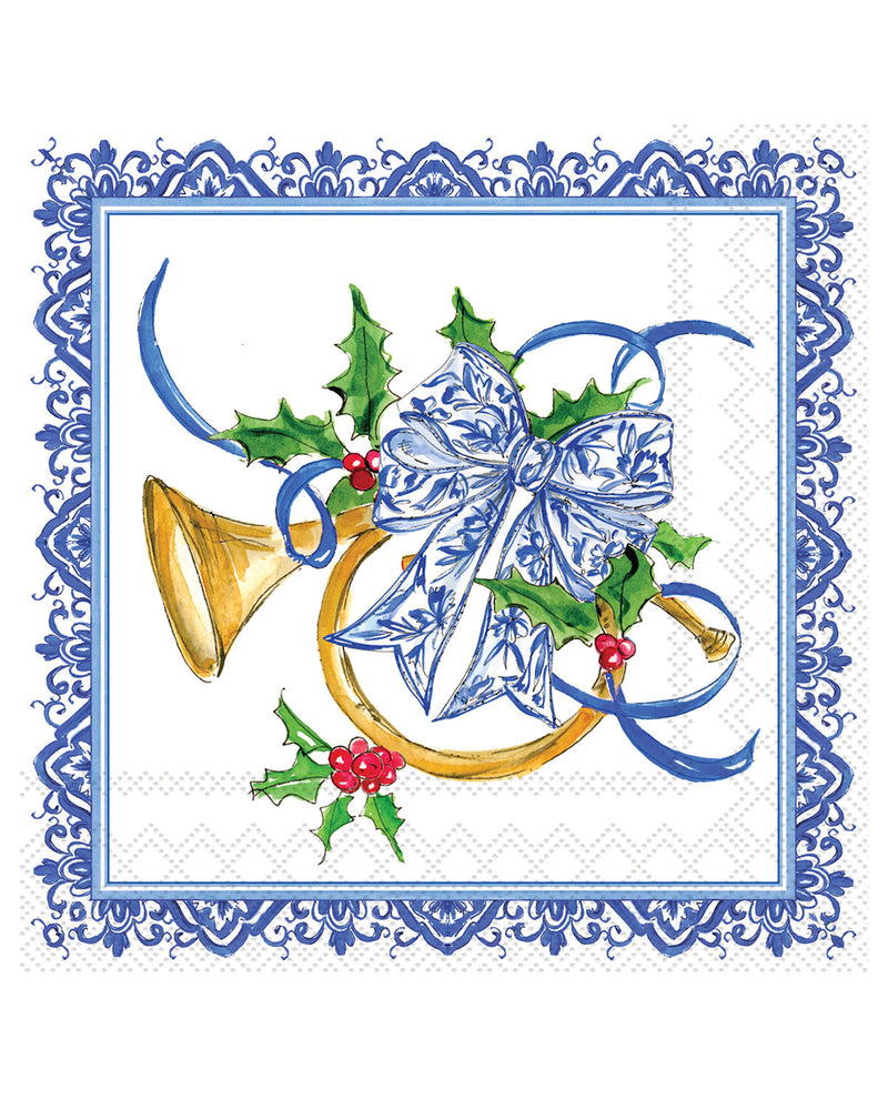 A square decorative print or card design featuring a blue ornamental border, a gold trumpet, a large blue-and-white bow, green holly leaves, and red berries on a white background.