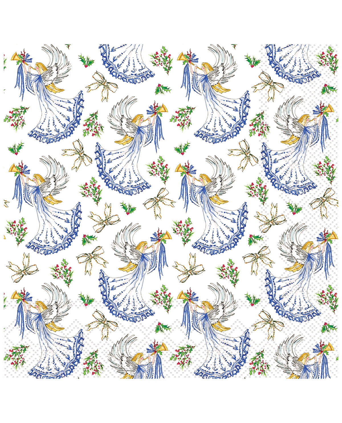 A repeating pattern of white napkins featuring a classic French toile design with blue and gold angels, bows, and small floral accents on a white background.