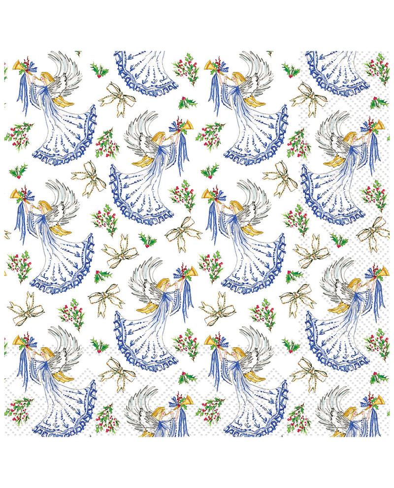 A repeating pattern of white napkins featuring a classic French toile design with blue and gold angels, bows, and small floral accents on a white background.