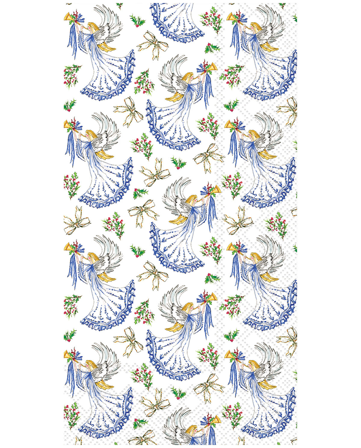 A rectangular textile or fabric sample with a repeating pattern of white-winged angel figures in blue and yellow, interspersed with small floral and bow motifs on a white background.