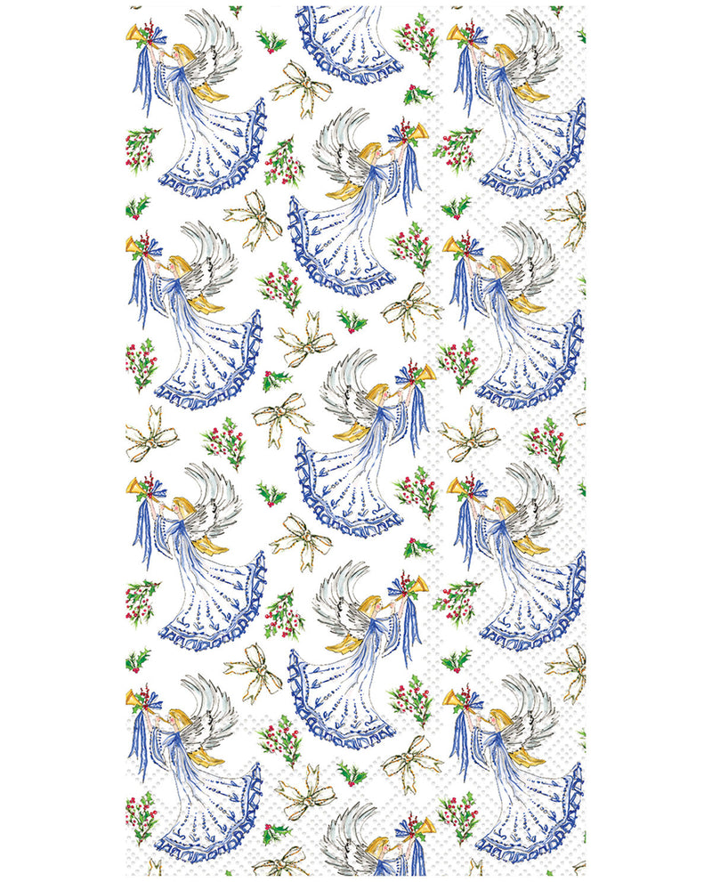 A rectangular textile or fabric sample with a repeating pattern of white-winged angel figures in blue and yellow, interspersed with small floral and bow motifs on a white background.