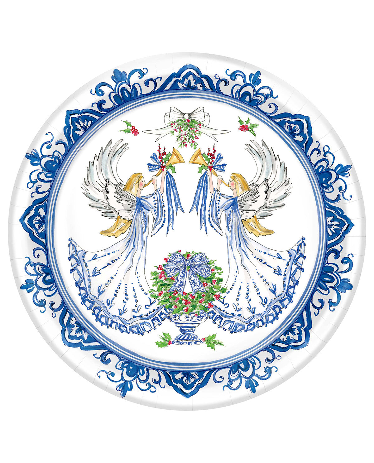 A round white ceramic plate featuring a detailed blue and multicolor illustration of two angels holding bells above a wreath, with an ornate blue border.