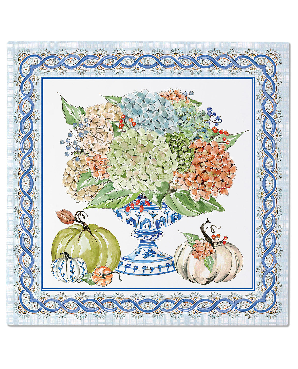 A square decorative print or tile featuring a watercolor-style floral arrangement in a blue-and-white pedestal vase, with two pumpkins at the bottom and an ornate blue border around the edges.