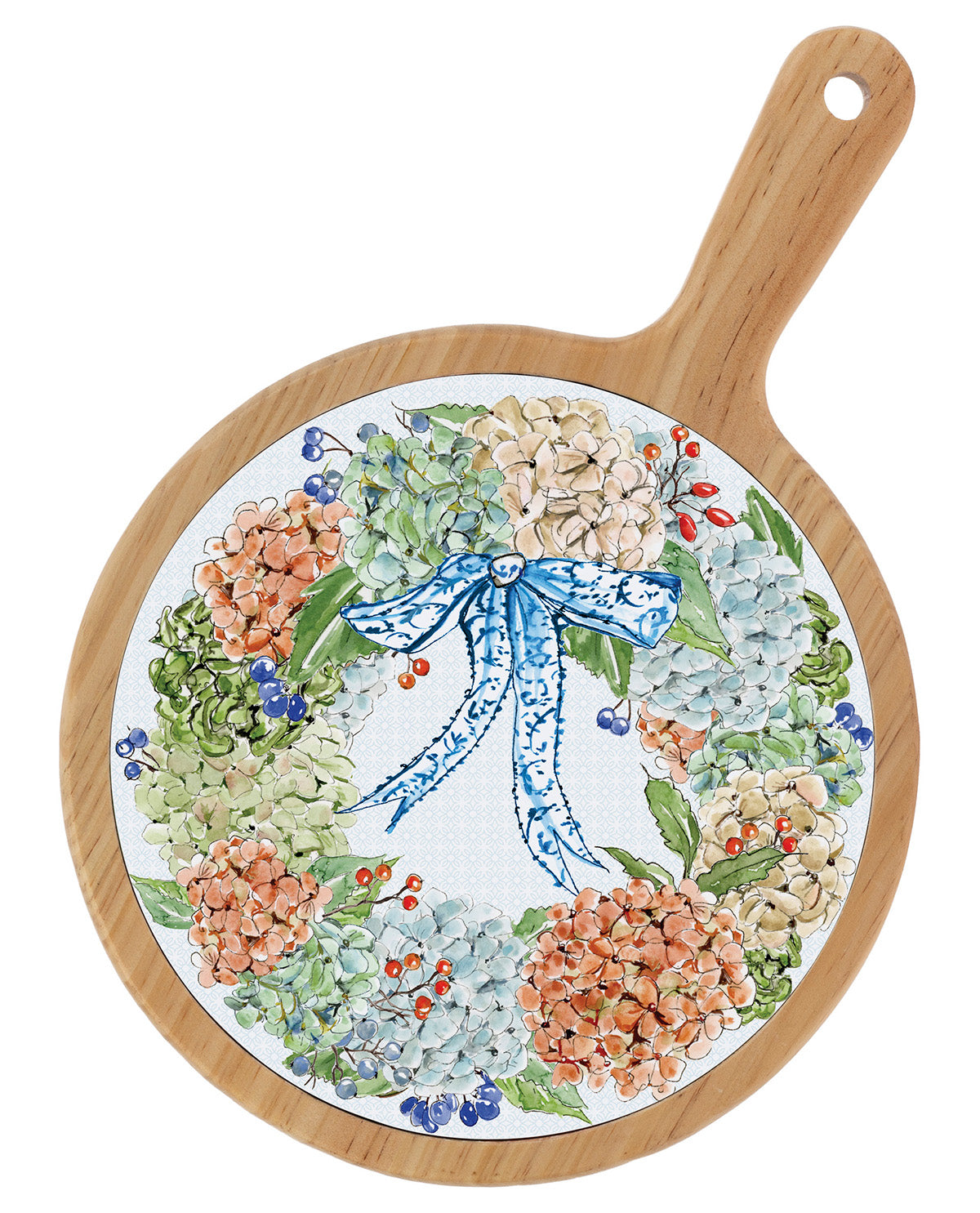 Round wooden serving board with a handle, featuring a printed floral wreath design with hydrangeas and a blue bow on a white background.