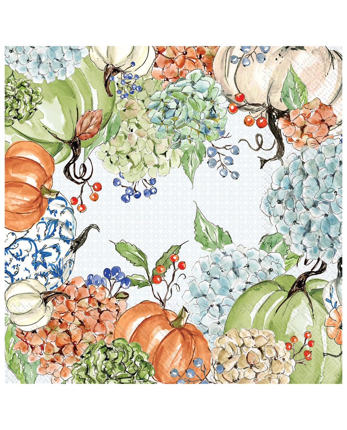 A watercolor-style autumn floral pattern featuring pumpkins, hydrangeas, berries, and leaves on a white background, with a subtle dotted texture visible underneath.