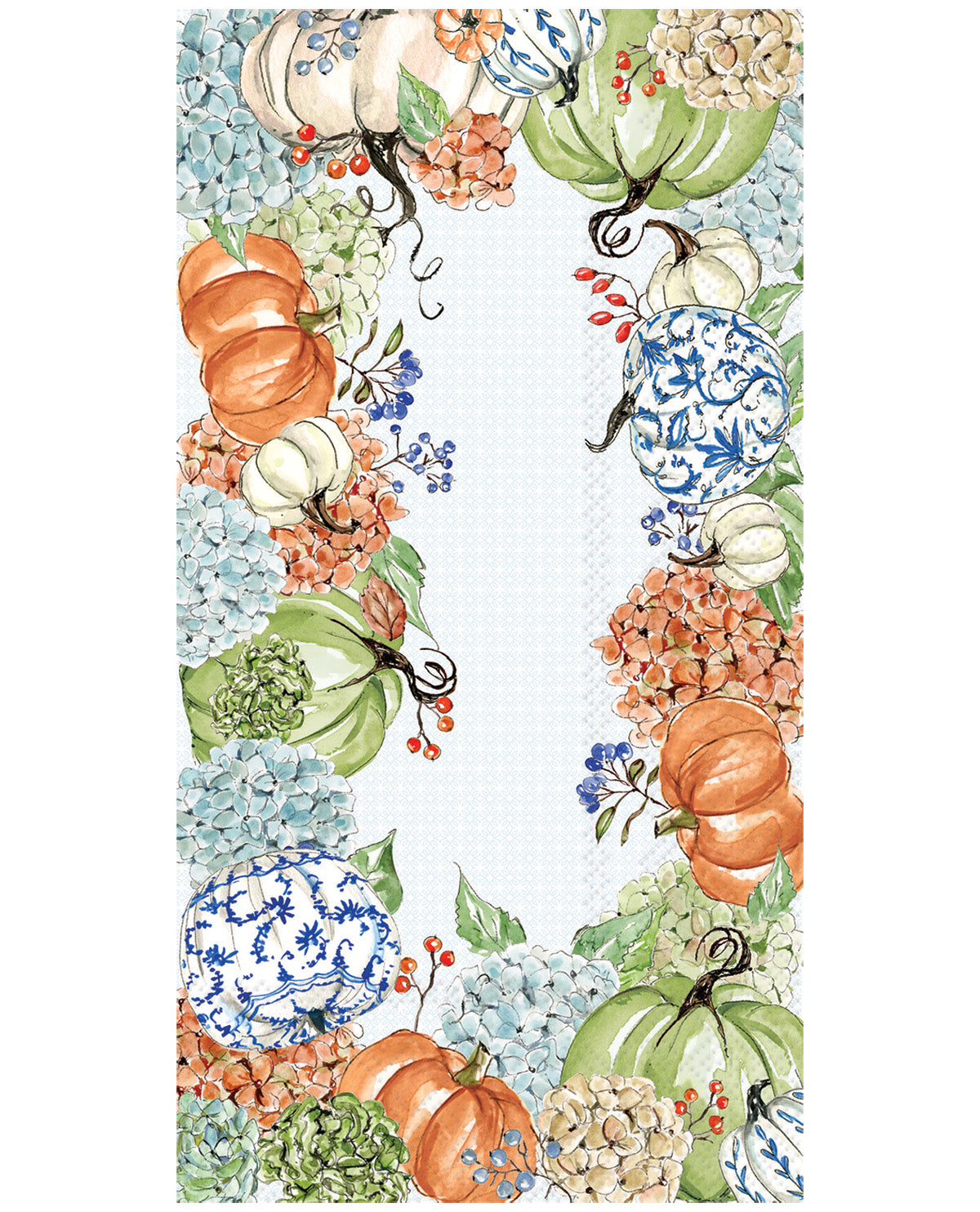 A rectangular decorative print or textile panel with a watercolor-style autumn border featuring pumpkins, hydrangeas, and blue-and-white patterned ornaments around a white center, shown on a light gray background.