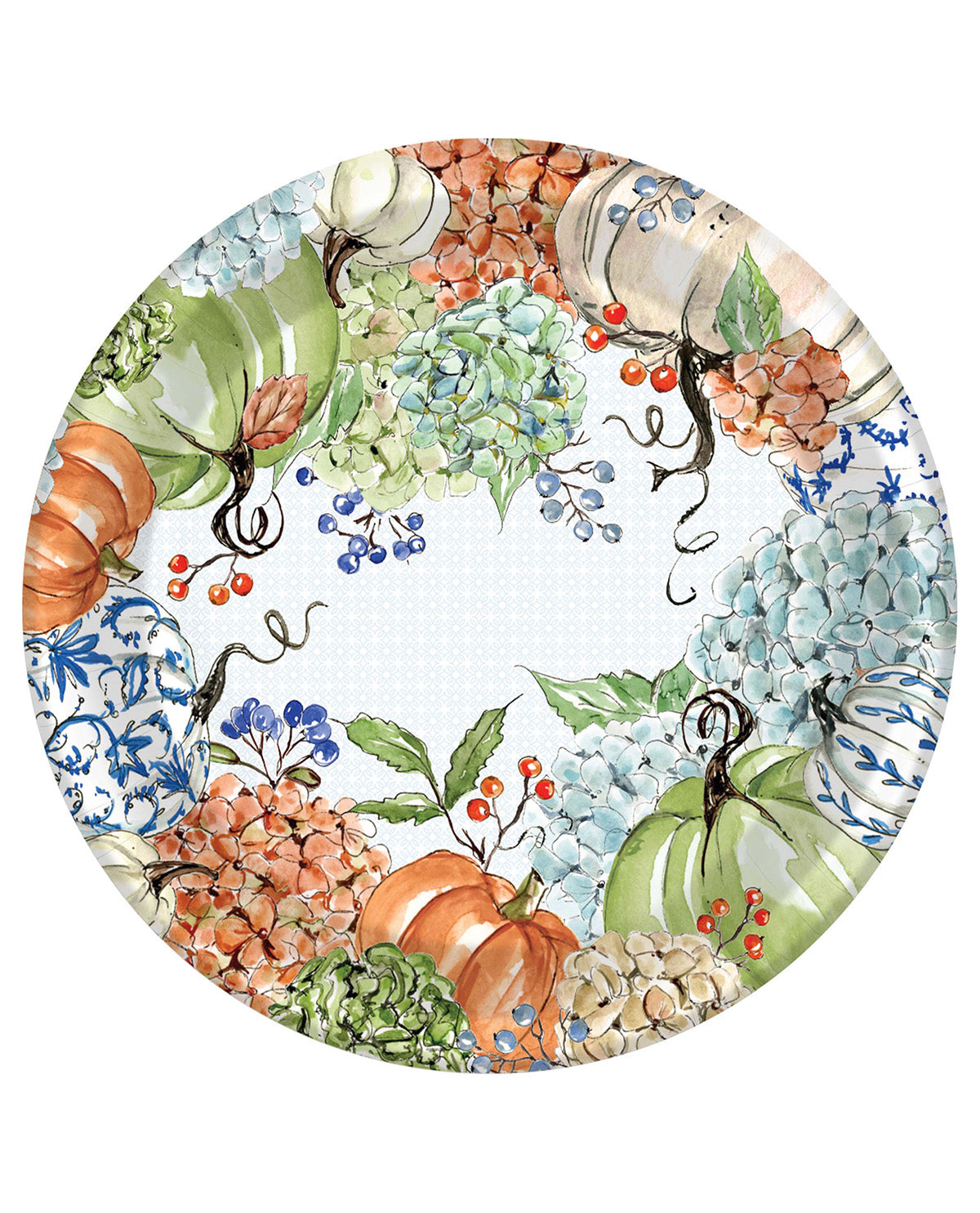 A round decorative plate with a watercolor-style autumn wreath pattern featuring pumpkins, hydrangeas, berries, and blue floral motifs around a white center, shown on a plain white background.