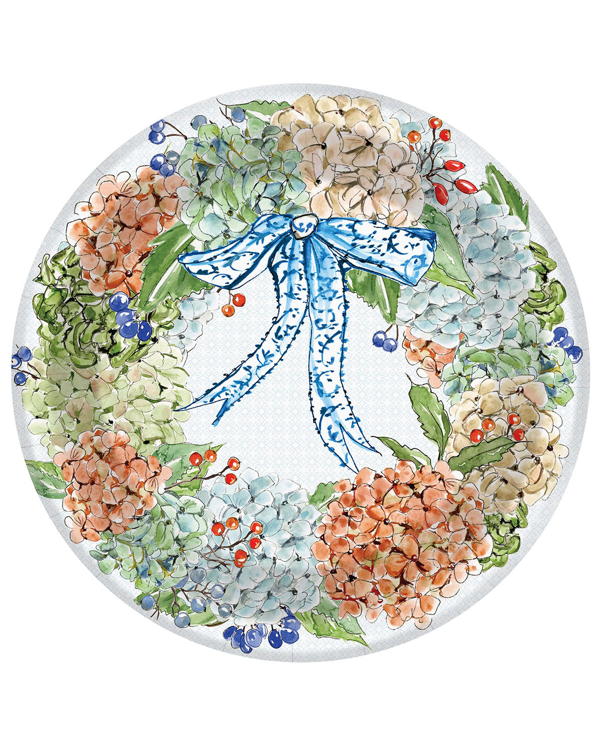 A round decorative plate featuring a watercolor-style floral wreath design with hydrangeas in peach, blue, green, and cream tones, accented by a blue patterned ribbon at the center, shown on a white background.