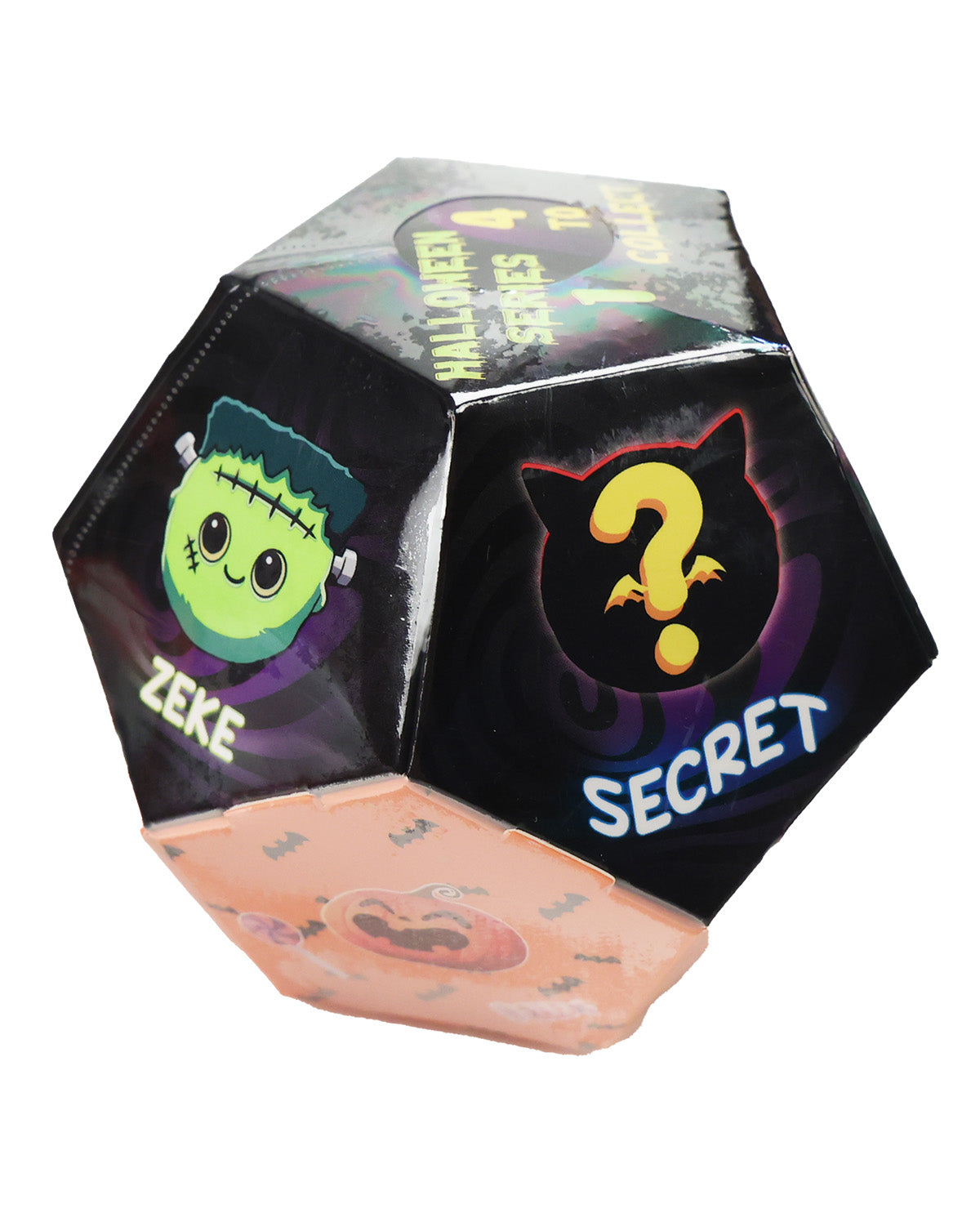 A Halloween Series 1 collectible mystery box, shaped like a dodecahedron, featuring a black top half with 'Halloween Series 1' text, a green Frankenstein's monster face labeled 'Zeke', a black cat silhouette with a yellow question mark labeled 'Secret', and a peach-colored bottom half with pumpkin illustrations.