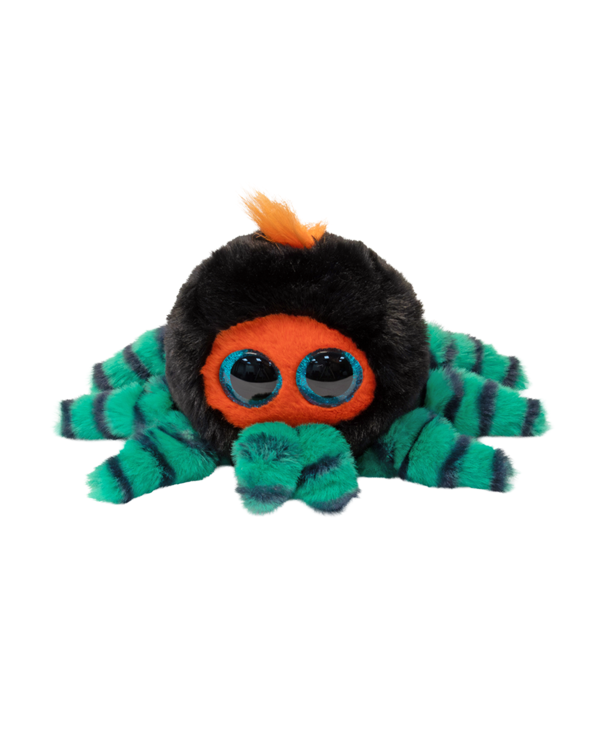 A plush toy spider with a black fuzzy body, bright orange face, large blue-rimmed eyes, and green-and-black striped legs, isolated on a white background.