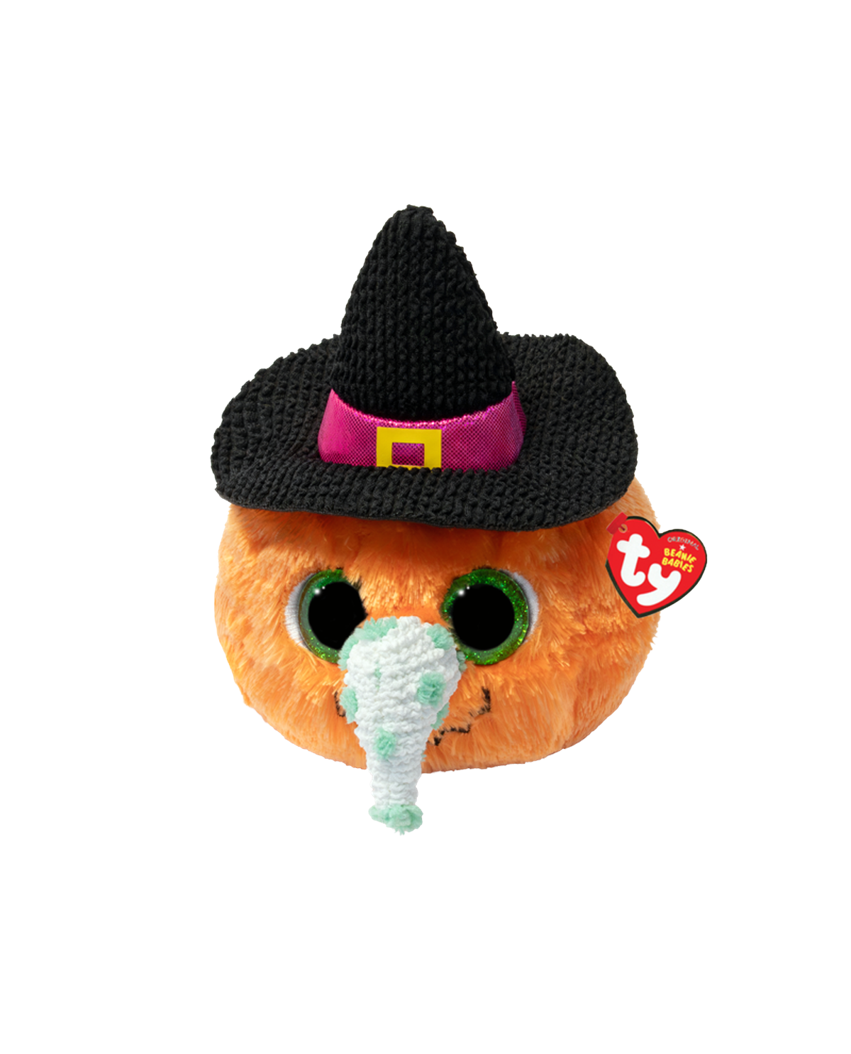 A Ty Beanie plush pumpkin character wearing a black witch hat with a pink and yellow band, featuring green eyes and a white knitted nose, on a white background.