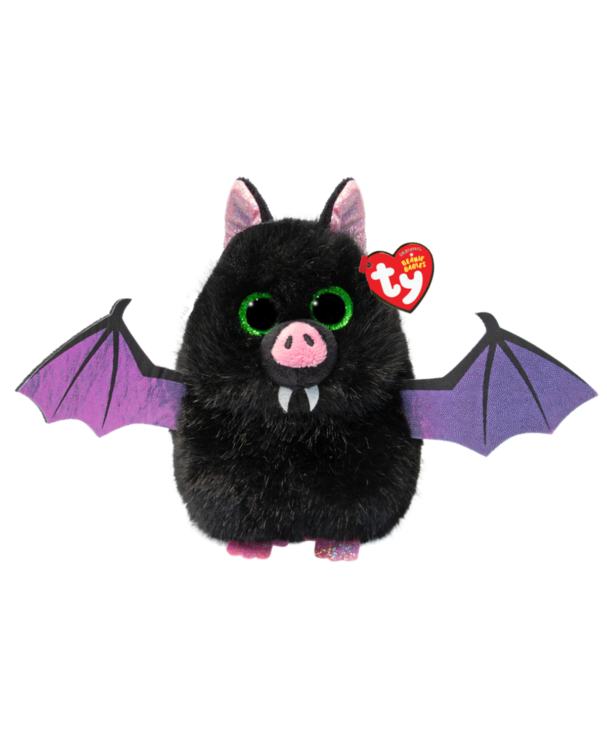 A Ty plush bat toy with purple wings, pink ears and snout, and green eyes on a white background.