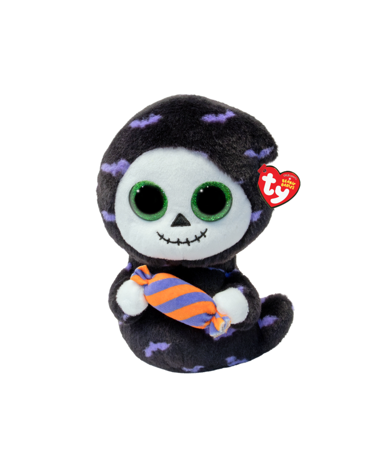 Ty Beanie Baby plush toy in a black hooded outfit with purple bat patterns, holding an orange and blue striped candy, on a white background.