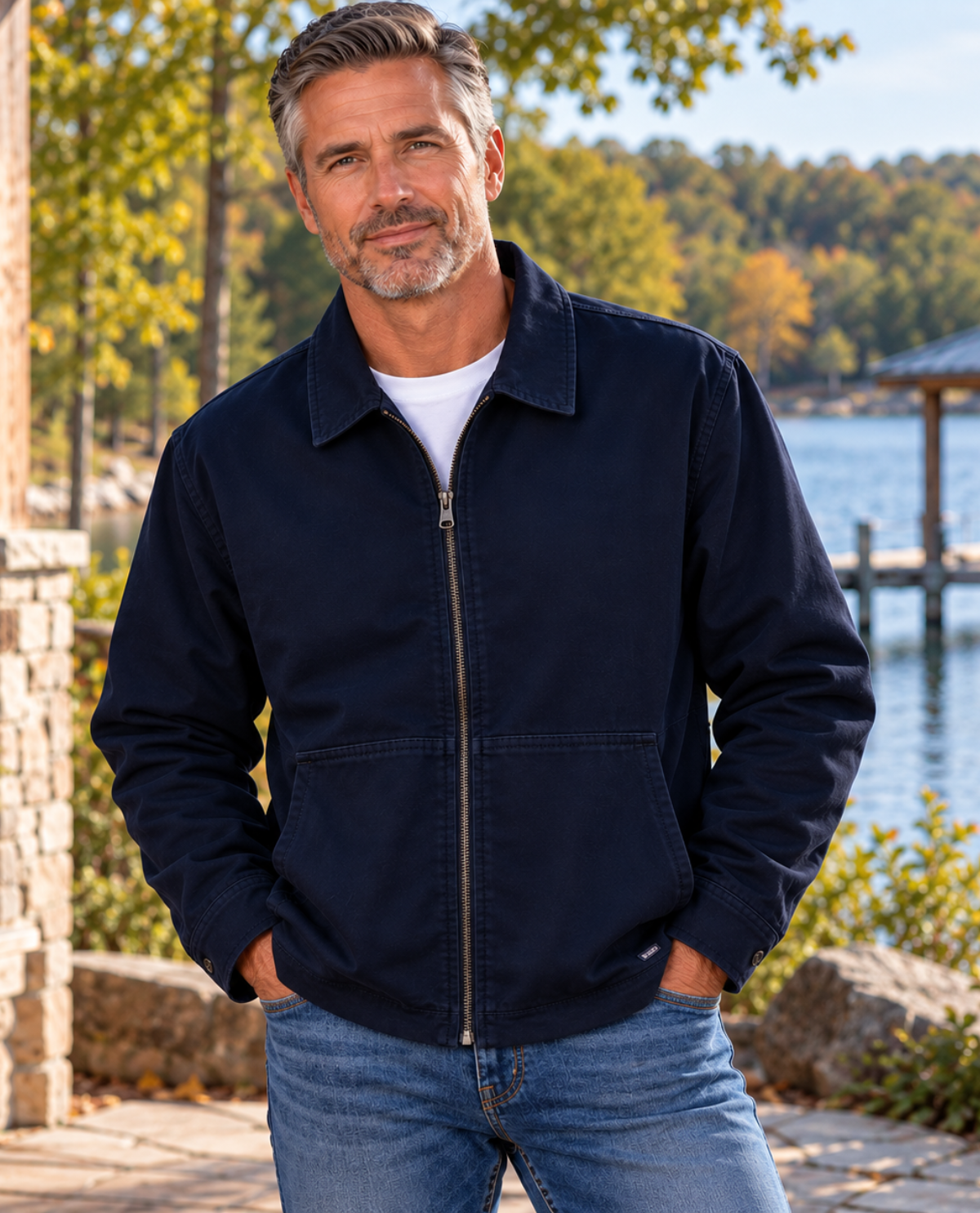A man wearing a dark navy blue zip-up jacket over a white t-shirt and blue jeans, standing outdoors near a lake with trees and a dock in the background.
