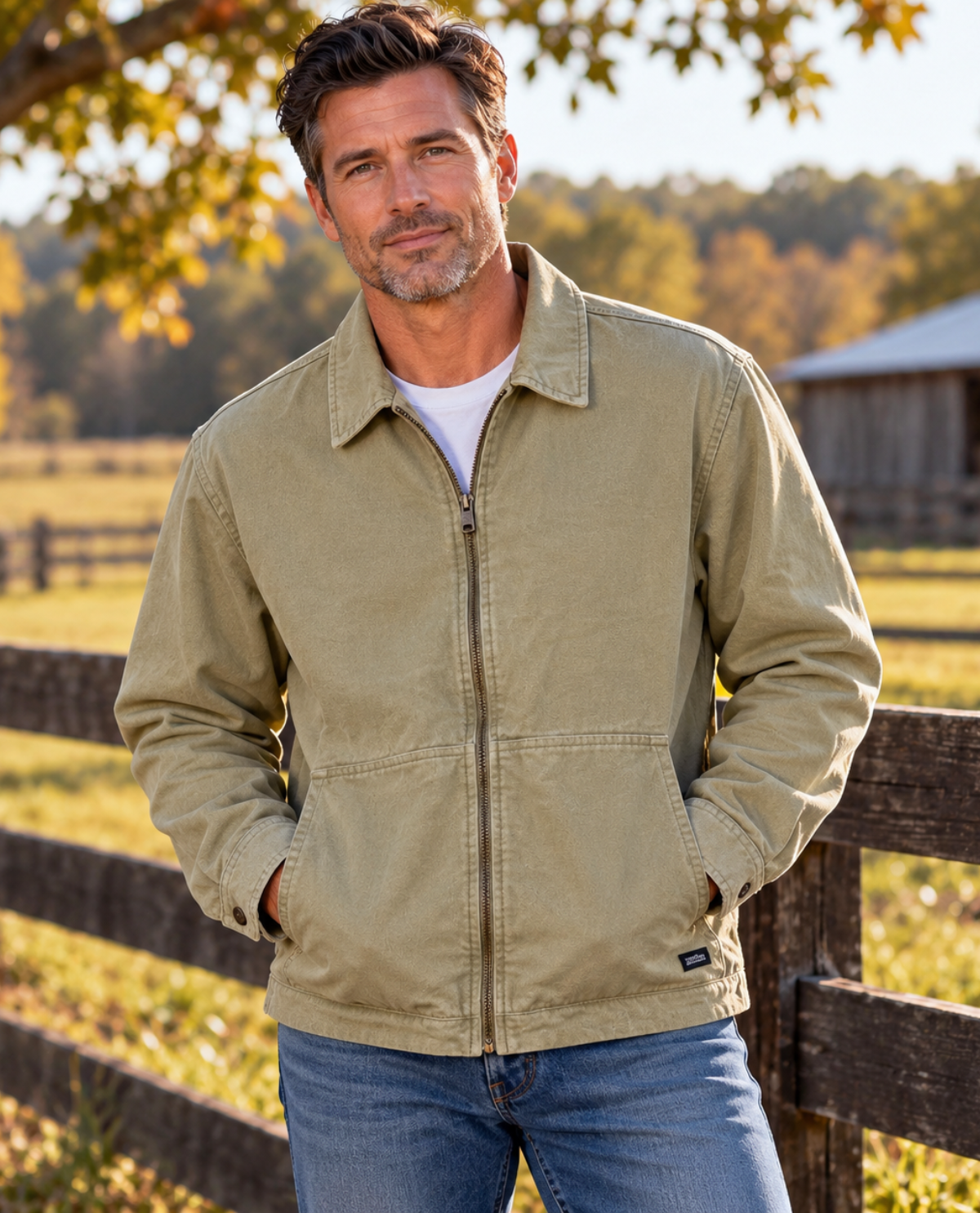 A man wearing a light khaki zip-up jacket over a white t-shirt and blue jeans, standing outdoors in front of a wooden fence with a farm background.