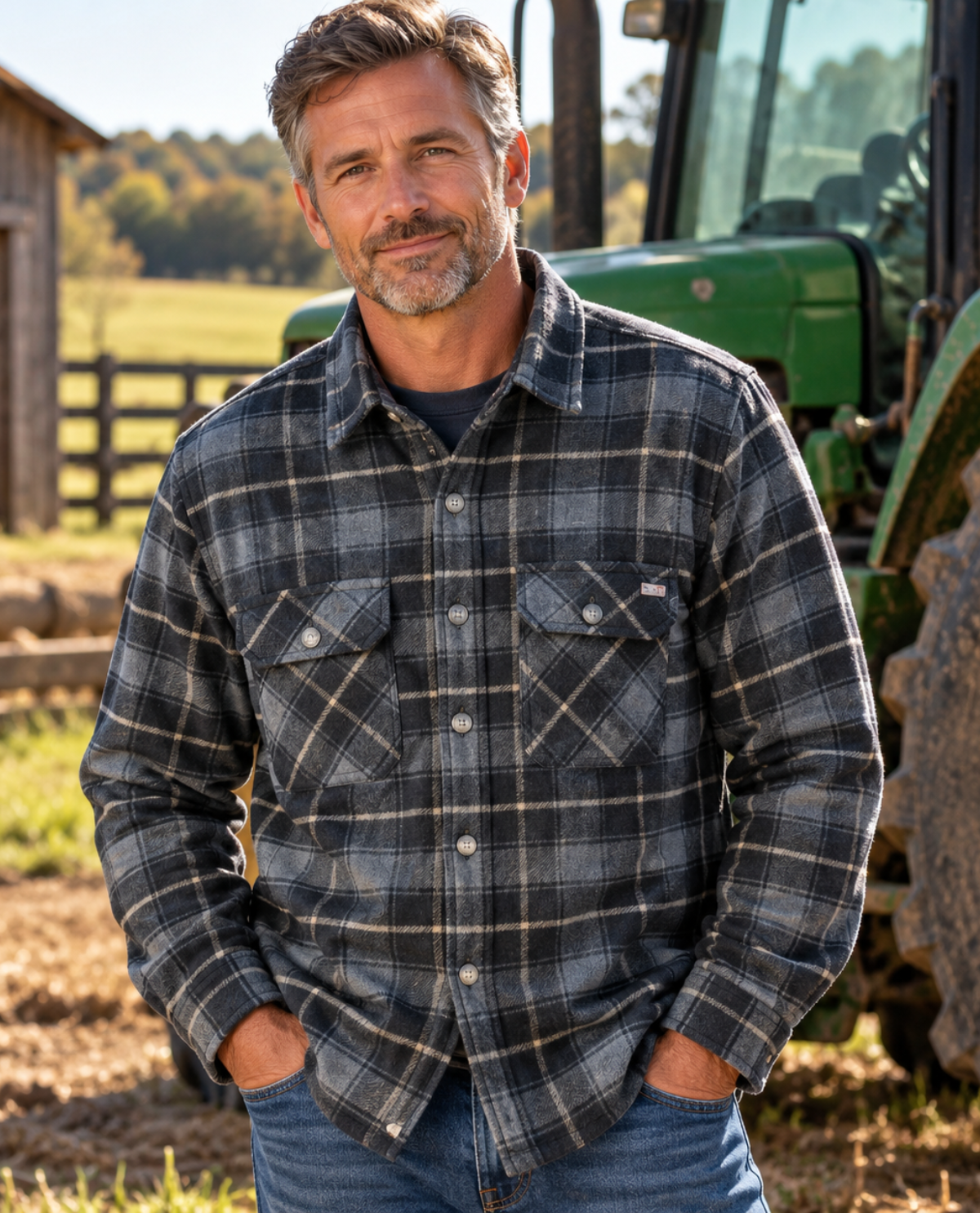 A man wearing a long-sleeve plaid button-up shirt stands outdoors in front of a green tractor and a rustic barn. The shirt has a dark gray and black plaid pattern with thin tan lines, and a small white logo patch is visible on the left chest pocket.