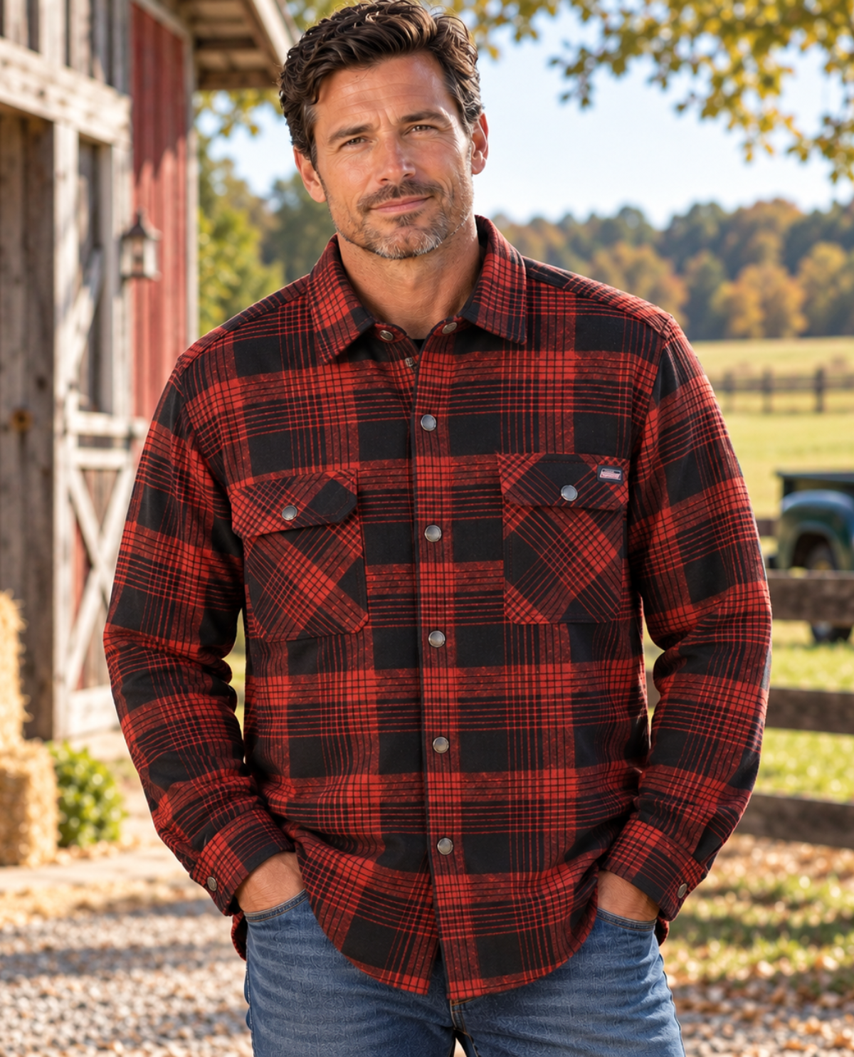 A man wearing a red and black plaid flannel button-down shirt stands outdoors in front of a rustic barn and field, with his hands in his jeans pockets.