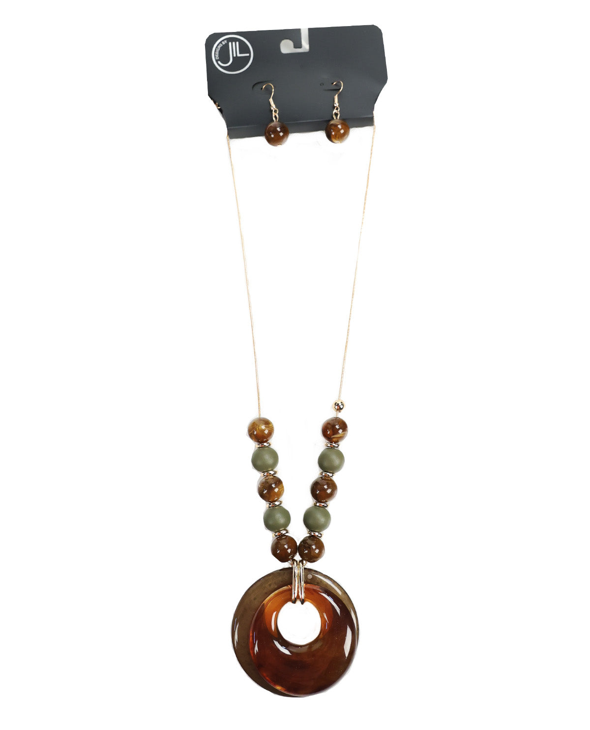 A beaded necklace and matching drop earrings displayed on a black retail card. The necklace has a large translucent amber-brown donut pendant with smaller brown and olive green beads, and the matching earrings have small brown beads and gold hooks.