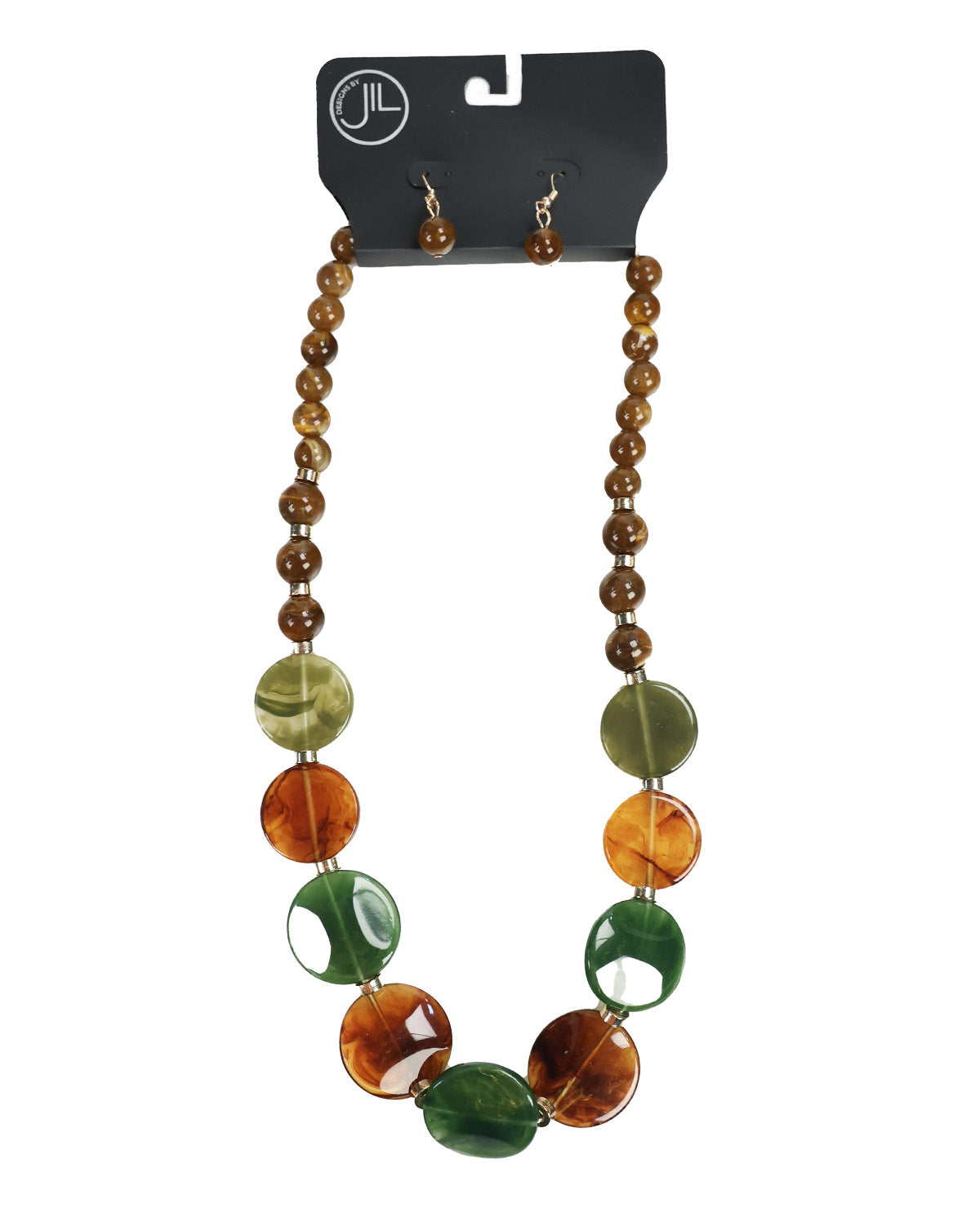 A beaded necklace and matching drop earrings displayed on a black jewelry card. The necklace features alternating translucent round beads in amber-brown, olive green, and deep emerald green, with small gold-tone spacer rings.