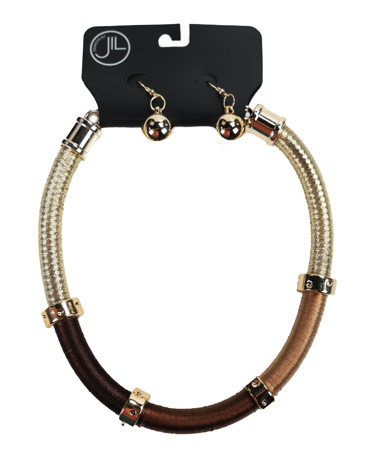 A two-tone braided cord necklace and matching drop earrings on a black display card. The necklace features a textured cream/beige braided cord on the top half and a smooth dark brown braided cord on the bottom half, accented with gold-tone metal caps and beads.