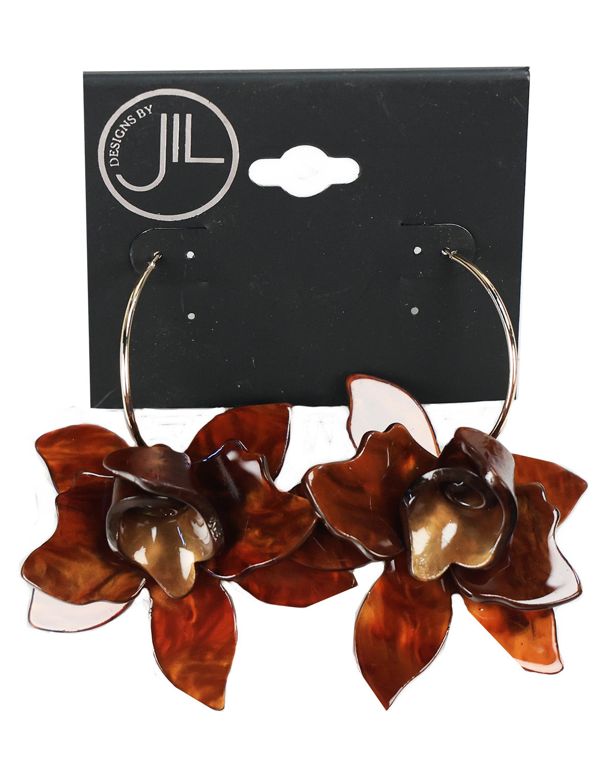 A pair of hoop earrings with layered amber-brown flower charms, displayed on a black JIL Designs by JIL branded card against a white background.