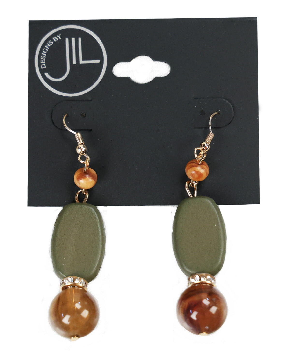 A pair of drop earrings displayed on a black card. Each earring has a gold-tone fishhook, a small round amber bead, a larger olive green oval bead, and a polished brown marbled bead at the bottom separated by a tiny clear rhinestone ring.
