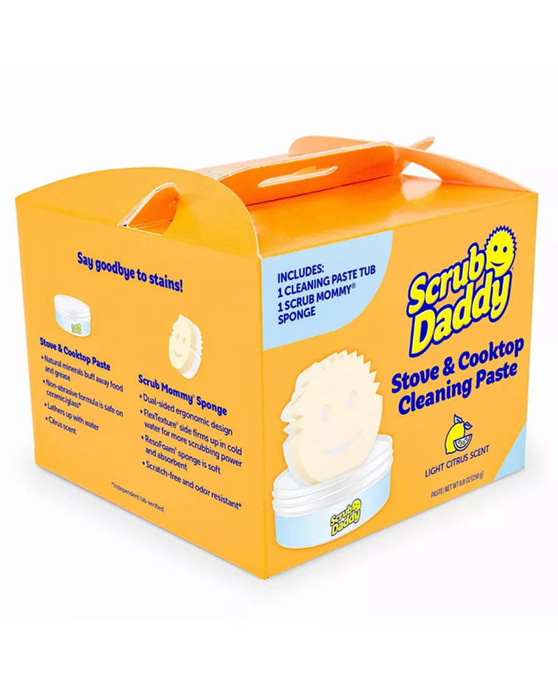 Scrub Daddy Stove & Cooktop Cleaning Paste in its original orange cardboard box packaging, featuring a handle and product details on the side.