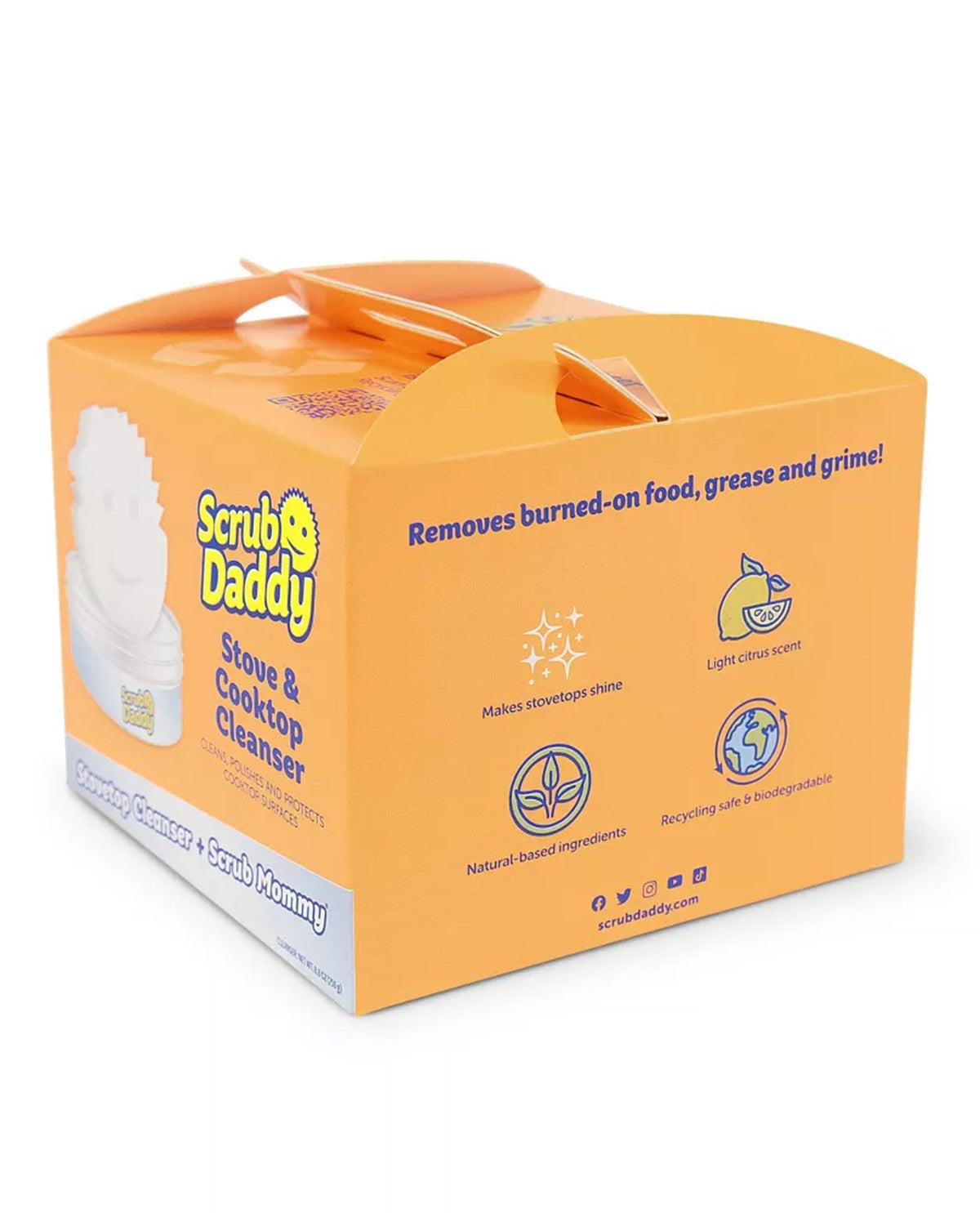 Scrub Daddy Stove & Cooktop Cleaner retail box in orange and white packaging, photographed on a clean white background.