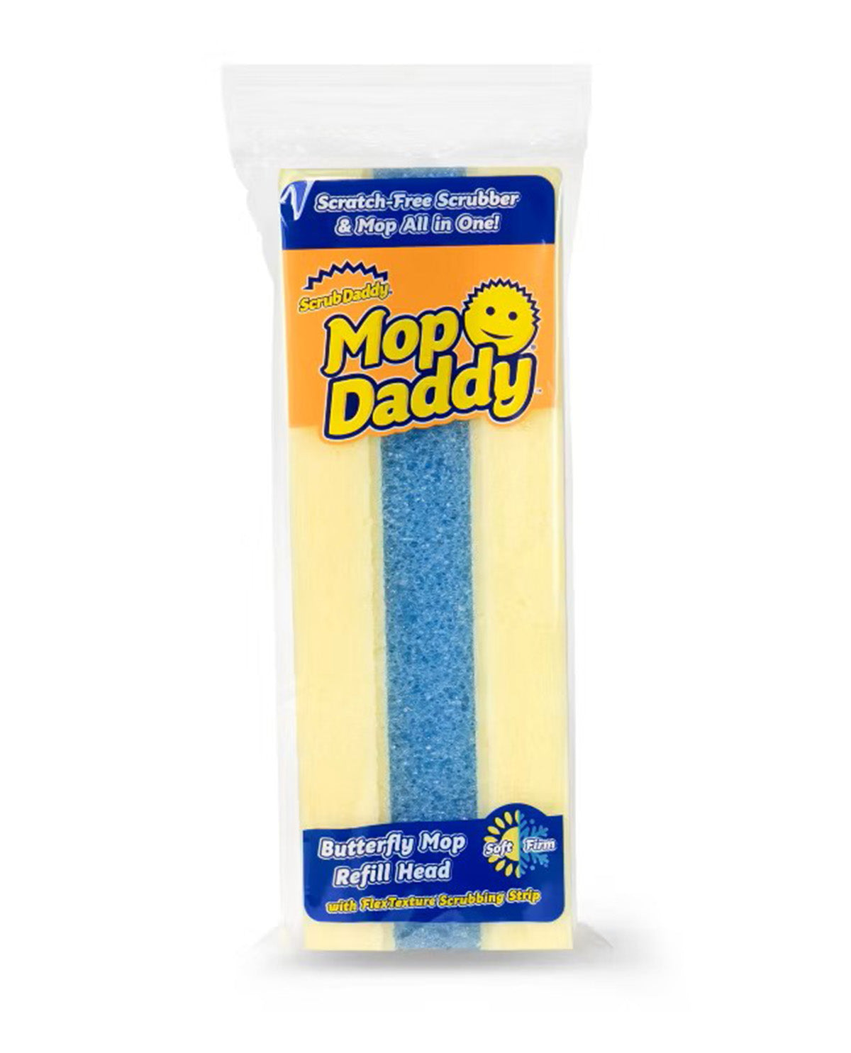 A packaged refill head for a mop, showing two rectangular refill strips inside a clear plastic bag with printed retail labels. The product is labeled 'Mop Daddy' and 'Butterfly Mop Refill Head,' with one strip in pale yellow and one in blue, on a plain white background.