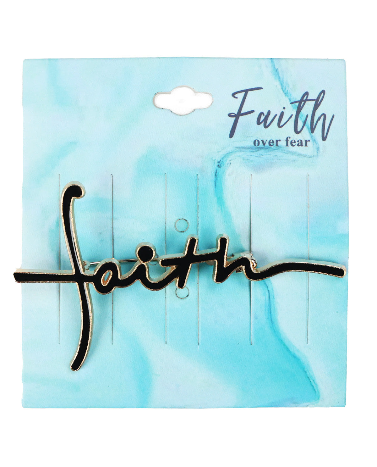 A black cursive script word 'faith' plaque mounted on a light blue marbled backing card with the words 'Faith over fear' printed in gray at the top right.