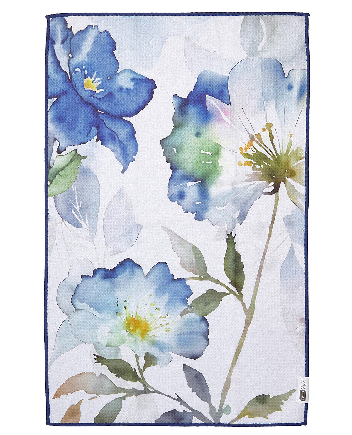 A square textile product, likely a tea towel or hand towel, featuring a watercolor floral print with blue and white flowers, green leaves, and yellow stamens on a white background with a dark blue border.